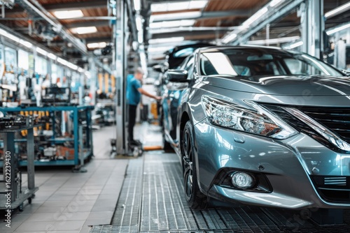 Modern car being serviced in a clean, well-lit automotive workshop auto service garage, showcasing maintenance, diagnostics, and mechanical repair environment.