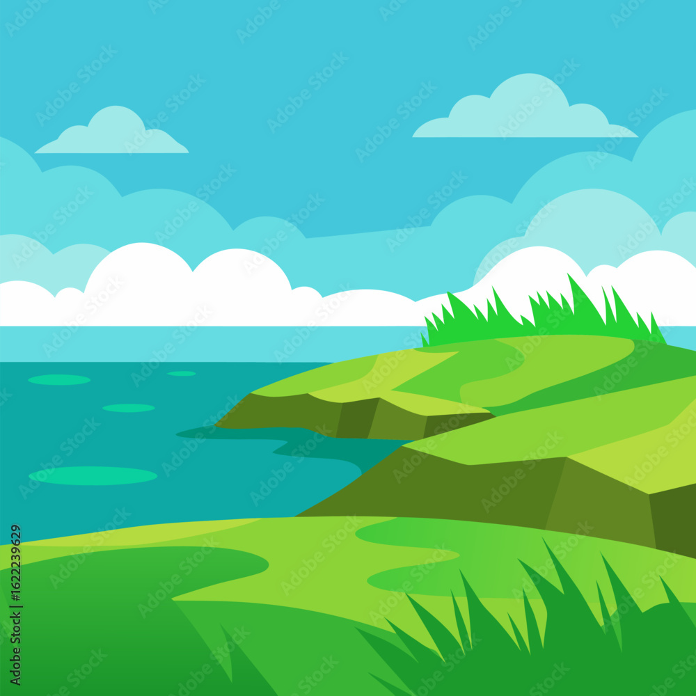 Fototapeta premium Landscape with green grass and sea vector natural background.