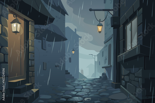 Shadows play across the ancient stone walls and arched corridors of an old town's narrow, cobbled street at night
