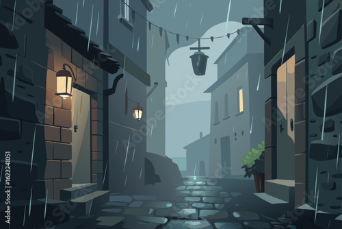 A narrow cobblestone street in an old European town at night, flanked by ancient stone buildings with arched windows