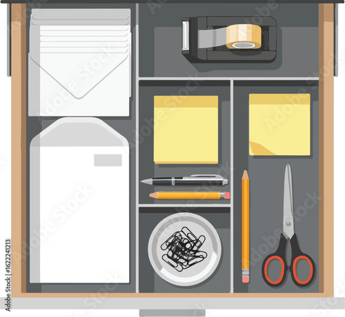 Overhead view of an open desk drawer filled with office supplies.