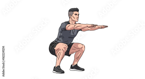 A muscular man performs a bodyweight squat exercise, arms extended, showcasing fitness and strength.