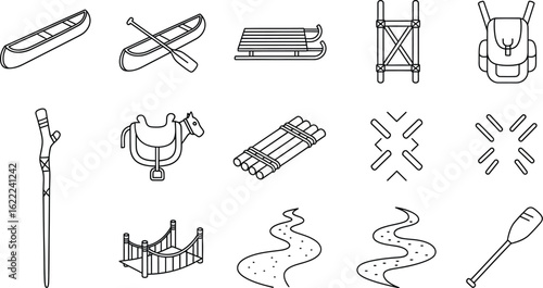 Vector art of set of outdoor equipment drawings isolated on white background, adventure and travel concept