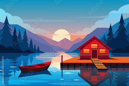 Scenic panorama of a pristine mountain lake, with snow-capped peaks and glaciers reflecting in the clear water under a blue sky