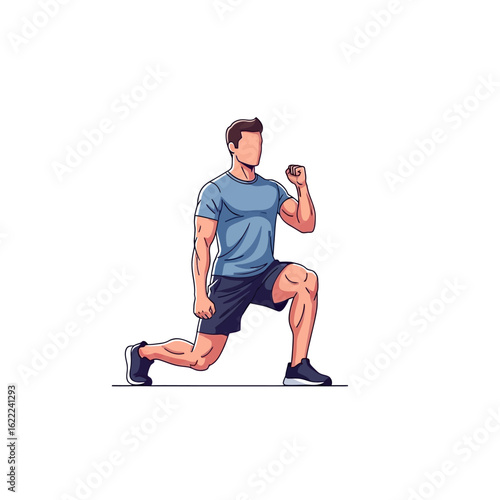 An illustrated man performing a lunge exercise, demonstrating fitness and strength.