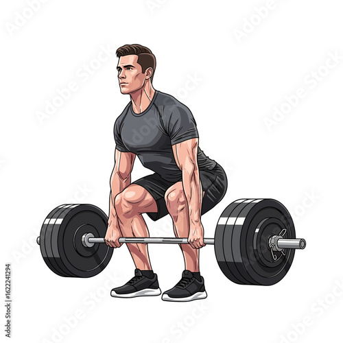 Muscular man performing a deadlift exercise with a loaded barbell, demonstrating strength and fitness.