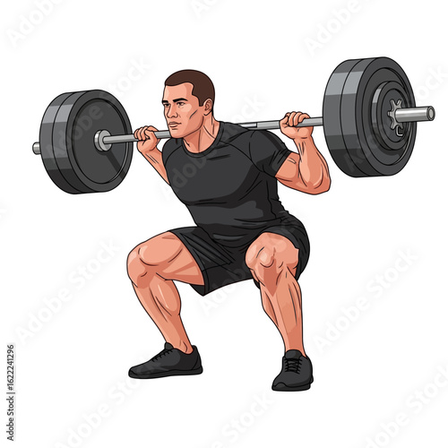 Muscular man performing a heavy barbell back squat exercise in a gym setting, demonstrating strength and fitness.