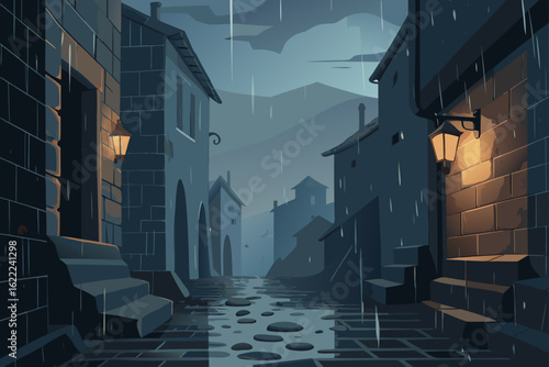 Old, urban architecture casts long shadows under the streetlights, illuminating a brick building's columns and stone wall