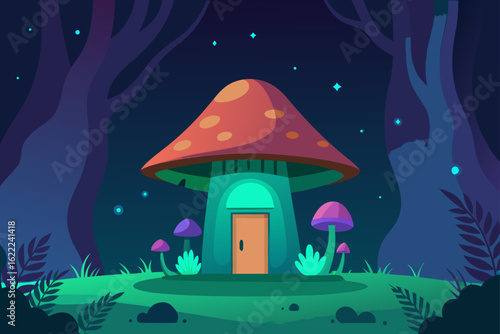 A cartoon fairy tale castle with a bright star on the roof, surrounded by snow-covered winter trees under a moonlit night sky