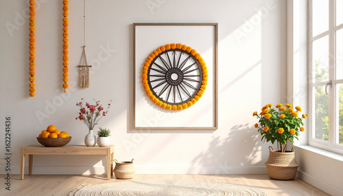 Minimalist Room with Indian-Inspired Decor for Festive Celebrations, Bright Room with Orange Marigolds and Wood Accents for Festive Decoration