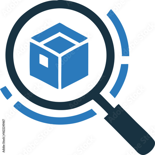 Magnifying glass focuses on a blue box with lines appearing beside the lens