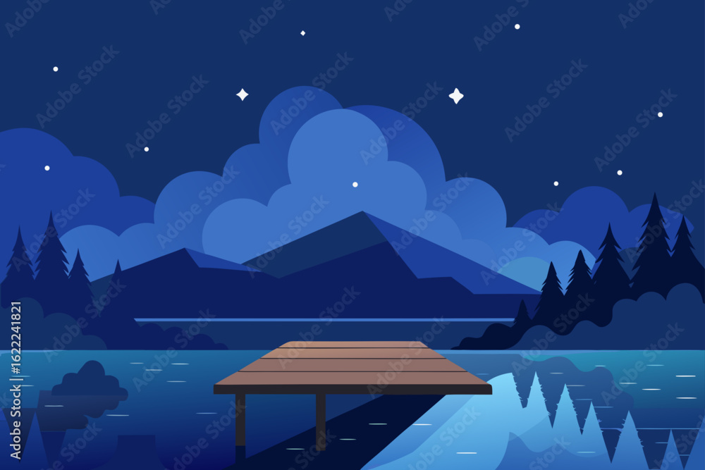 Fototapeta premium A stunning winter night landscape with a snow-covered bridge, illuminated by the light of the moon and stars in the dark sky