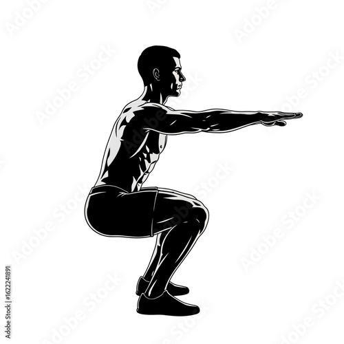 A fit, muscular man shown in profile performing a bodyweight squat exercise with arms extended forward for balance.