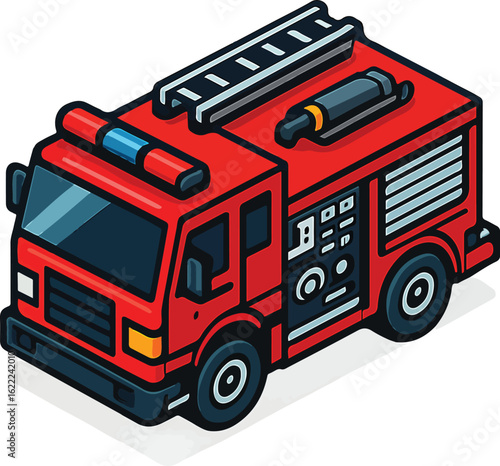 Isometric illustration of a red fire truck with a ladder on top, viewed from a high angle.