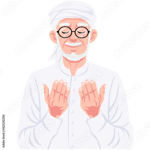 Muslim Praying Imam Wearing Turban Character Cartoon Illustration