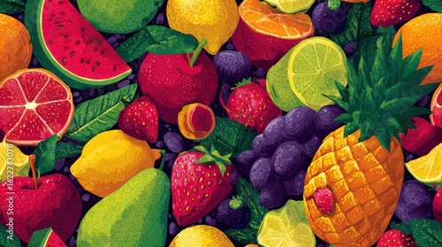 Vibrant illustration of assorted fruits against a dark, leafy background