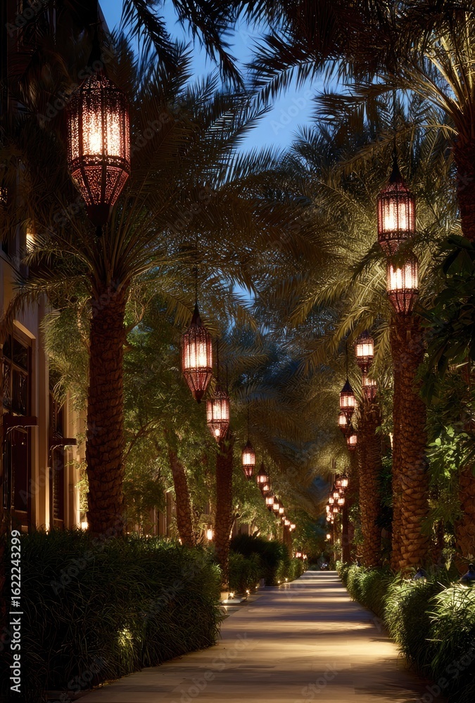 Fototapeta premium Palm-lined walkway at twilight, ornate lamps