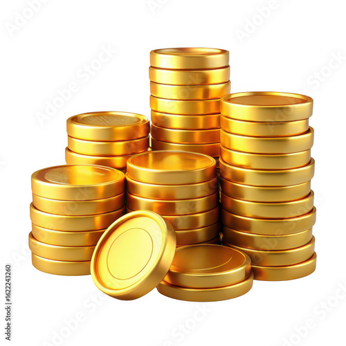 3d stacked gold coins isolated on transparent background
