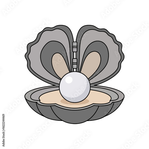 Open oyster shell with a white pearl inside, on a white background.