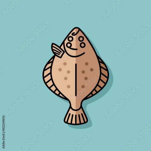 Cartoon flounder illustration on a blue background with black outline and shadow.