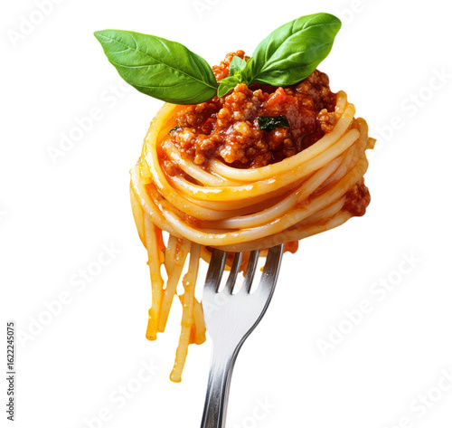 Delicious spaghetti bolognese pasta wrapped on a fork with fresh basil garnishing transparent background