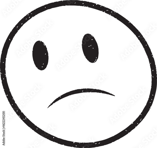Distressed sad face emoji illustration in grunge style with black outline on white background. Perfect for expressing emotion, depression, or disappointment in visual content or print design.