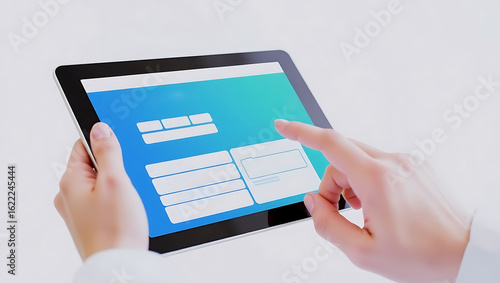 hand holding a tablet with a blue screen isolated on white background