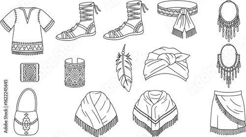 Vector art of collection of ethnic clothing and accessories in black and white isolated on white background