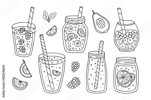 Healthy Beverage Lineup: A refreshing illustration showcases an array of vibrant drinks and ingredients, perfect for a lifestyle promoting wellness.