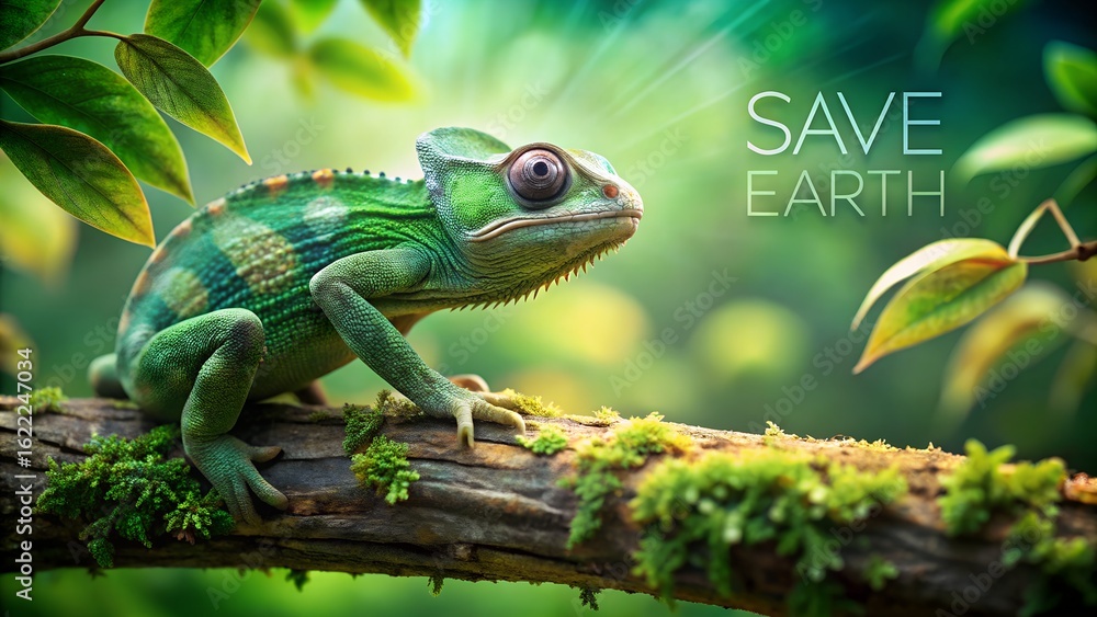 Fototapeta premium Photo of a detailed closeup of a green chameleon with purple accents on a mosscovered branch, set against a soft background with the save earth message