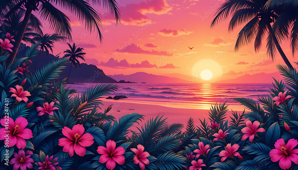 Obraz premium tropical beach sunset with palm trees and hibiscus flowers scenery