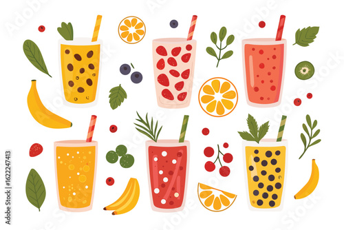 Colorful Smoothie Collection: A vibrant assortment of refreshing smoothies and an array of fresh fruits arranged in a visually delightful composition. Evoking a sense of health and wellness.