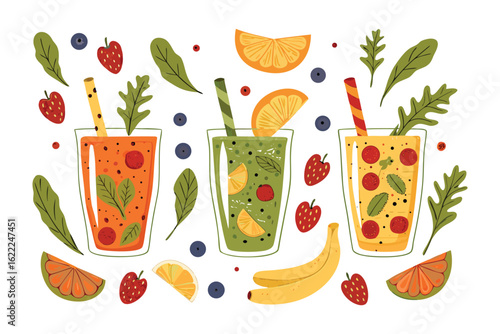 Healthy Smoothie Assortment: A vibrant display of refreshing smoothies, each glass brimming with a colorful mix of fruits and vegetables, and the invigorating flavors of nature.