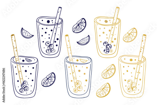 Artistic Drink Composition: An artful illustration of refreshing beverages, showcasing a delightful ensemble of drinks and their refreshing elements.