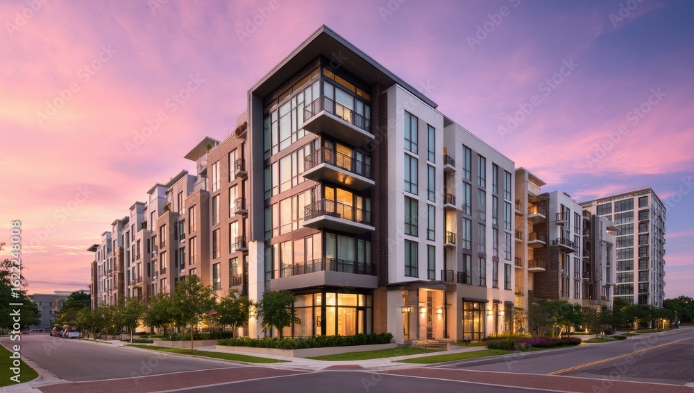 Fototapeta premium Modern apartment building at sunset (1)