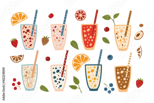 Vibrant Smoothie Assortment: A colorful array of fresh fruit smoothies in glasses, garnished with straws and decorative elements, capturing the essence of healthy refreshment and vitality.
