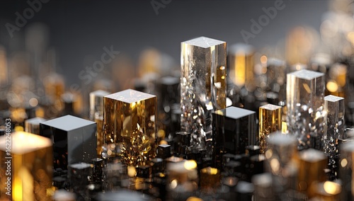 Abstract city of geometric blocks in translucent gold, black, and clear glass