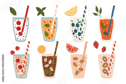 Freshness in a Glass: A collection of colorful smoothie, adorned with berries and fruit slices, captured in an appealing illustration.