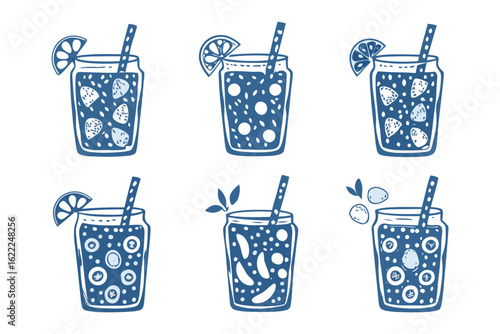 Refreshing Summer Cocktails: A vibrant collection of handcrafted fruit cocktails with fresh fruits, lemon slices, and straws, inviting refreshment and the sweetness of summer.