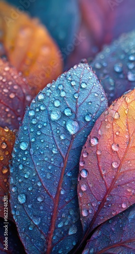 Close-up of vibrant autumn leaves, covered in dew drops
