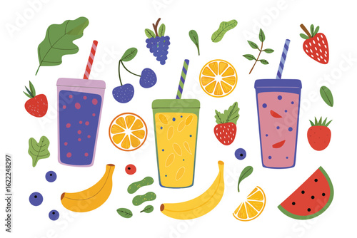Delicious Fruit Smoothie Set: A colorful and appetizing arrangement of fruit smoothies in a refreshing display of flavors, featuring strawberries, bananas, oranges and cherries