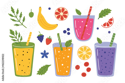 Vibrant Smoothie Array: A colorful and refreshing collection of smoothies, each adorned with fresh fruit and invigorating ingredients.