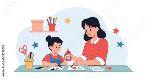 A Parent Assists Their Child During Creative Crafting Projects At Home