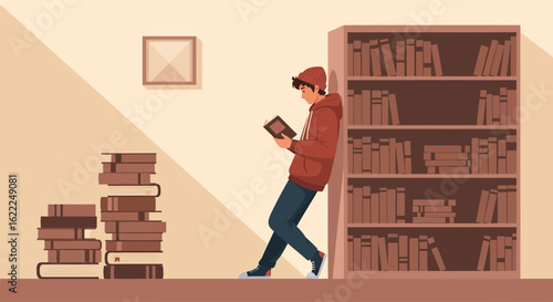A Young Man Enjoying Reading Leaning Against A Large Bookcase At Home