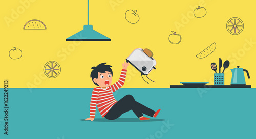 Accidentally Dropped Toaster And Fruit Doodles In Modern Kitchen Setting