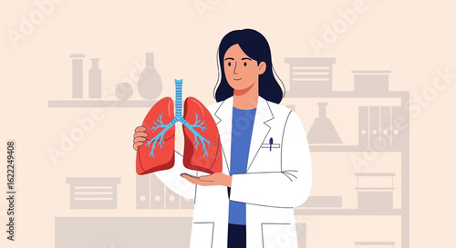 A female doctor in a white lab coat presents an anatomical model of the human lungs.