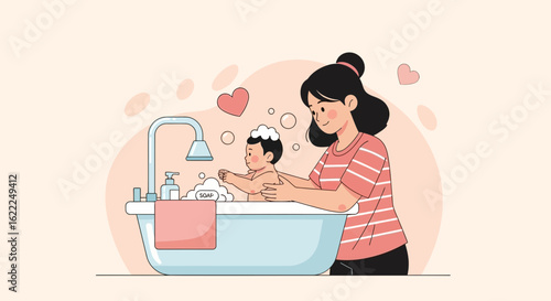 Adorable Cartoon Illustration Of A Mother Bathing Her Smiling Baby In A Tub