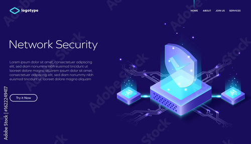 Network data security isometric vector illustration. Online server protection system concept with datacenter and artificial intelligence. Secure bank transaction via internet.