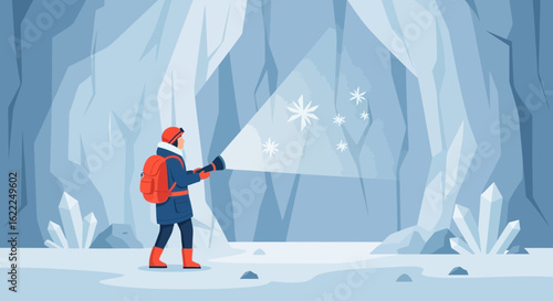 Adventurer Explores An Ice Cave With Crystals And A Flashlight Shining Through