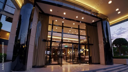 Wide-angle video shot of a modern hotel entrance at dusk, showcasing sleek architecture and ambient lighting, emphasizing luxury and elegance.